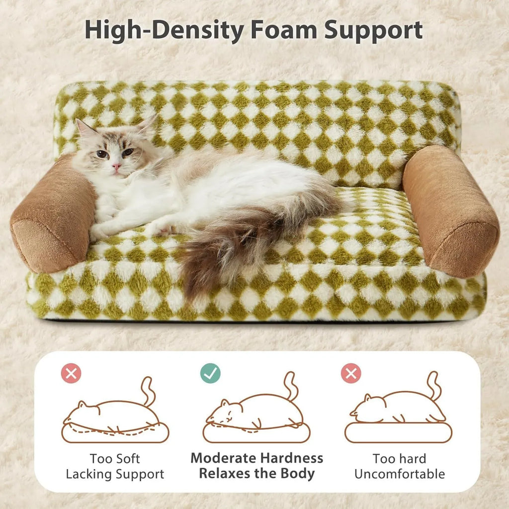 Checkered pattern pet sofa bed for small cats and dogs with removable cover, shown in three sizes.