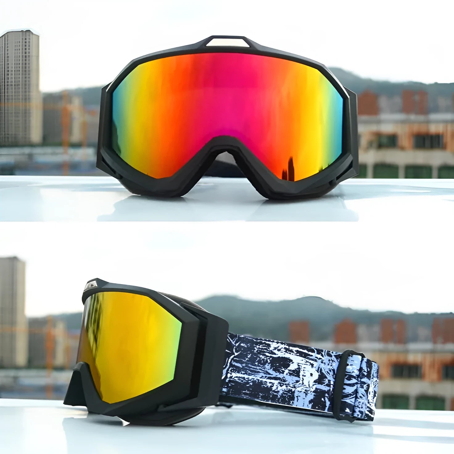 Motorcycle goggles with TPU frame and double-layer lens in assorted colours on a storage cloth bag.