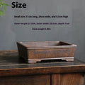 A rectangular purple sand bonsai pot with a linear firewood burning pattern, shown in two sizes.