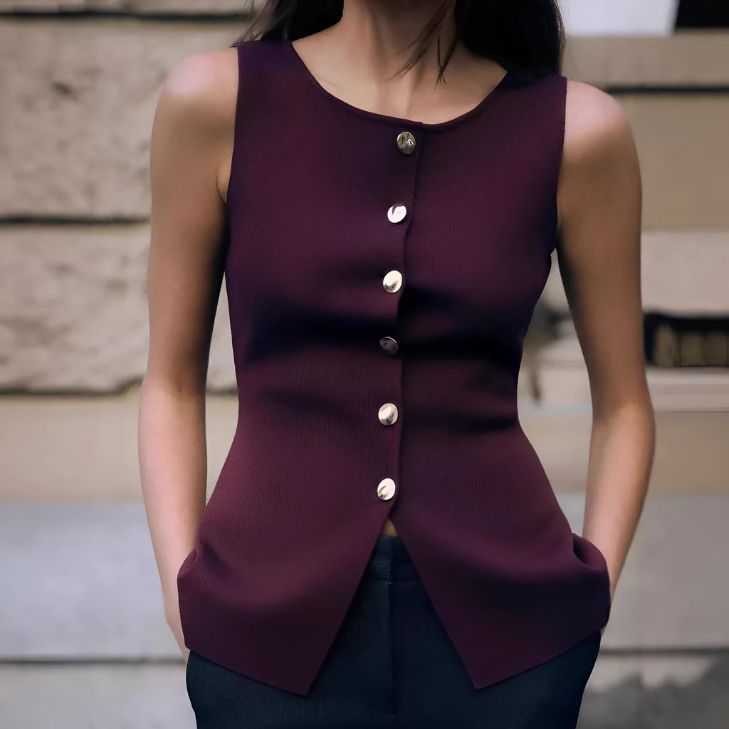 Dark red slim fit sweater vest with gold buttons and 3D pattern on mannequin