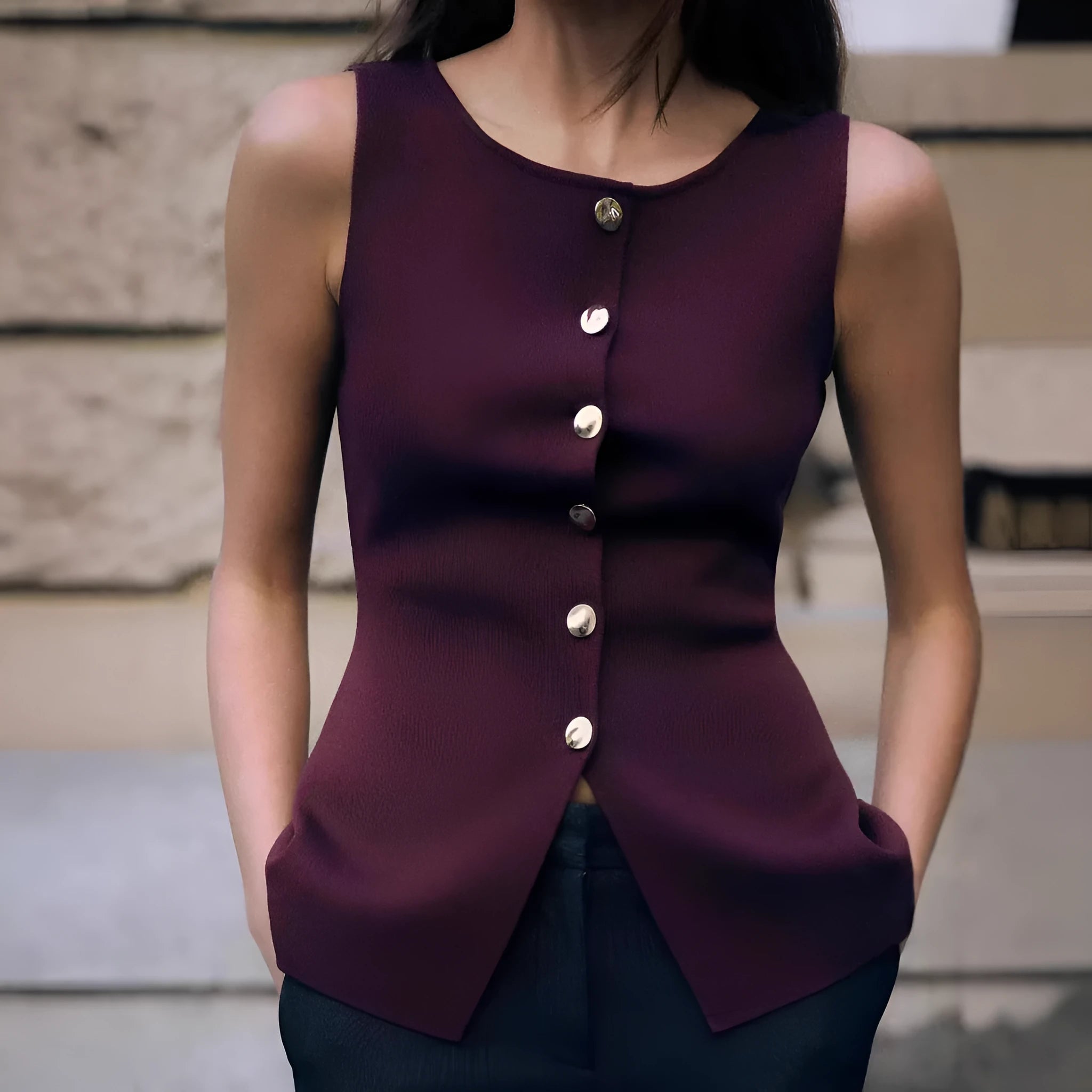 Dark red slim fit sweater vest with gold buttons and 3D pattern on mannequin