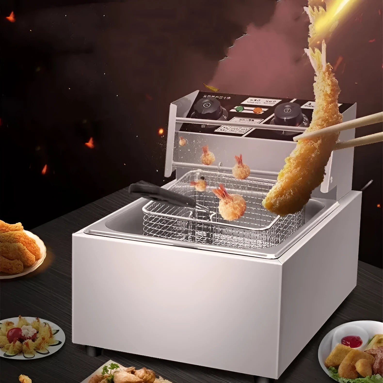 Commercial stainless steel electric deep fryer with temperature control and large cooking capacity