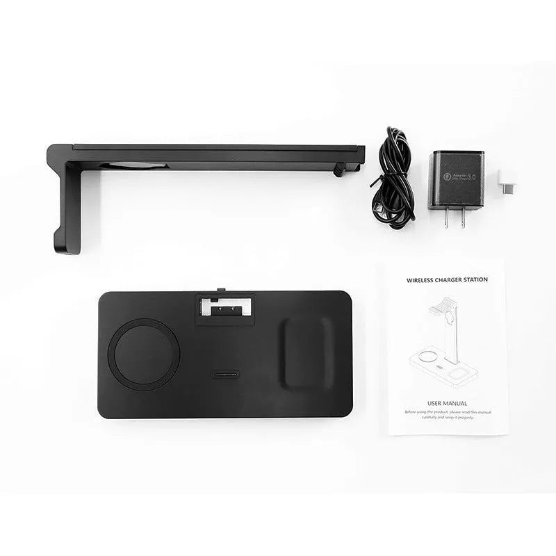 Matte black wireless charging station with three charging pads for mobile phone, smartwatch and headphones