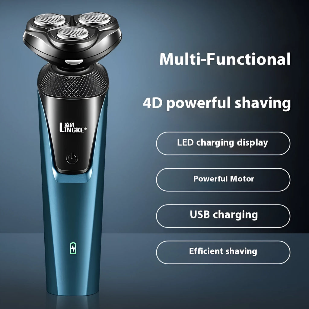 Three-in-one men's electric shaver in blue or grey with USB charging, 4W power, 220V, plastic body.