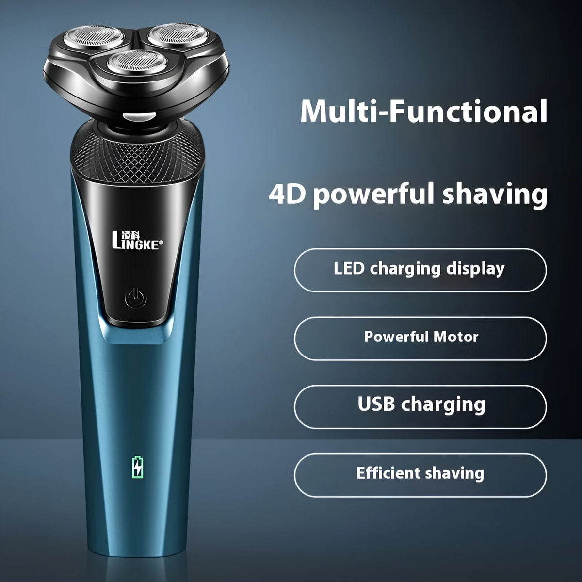 Three-in-one men's electric shaver in blue or grey with USB charging, 4W power, 220V, plastic body.