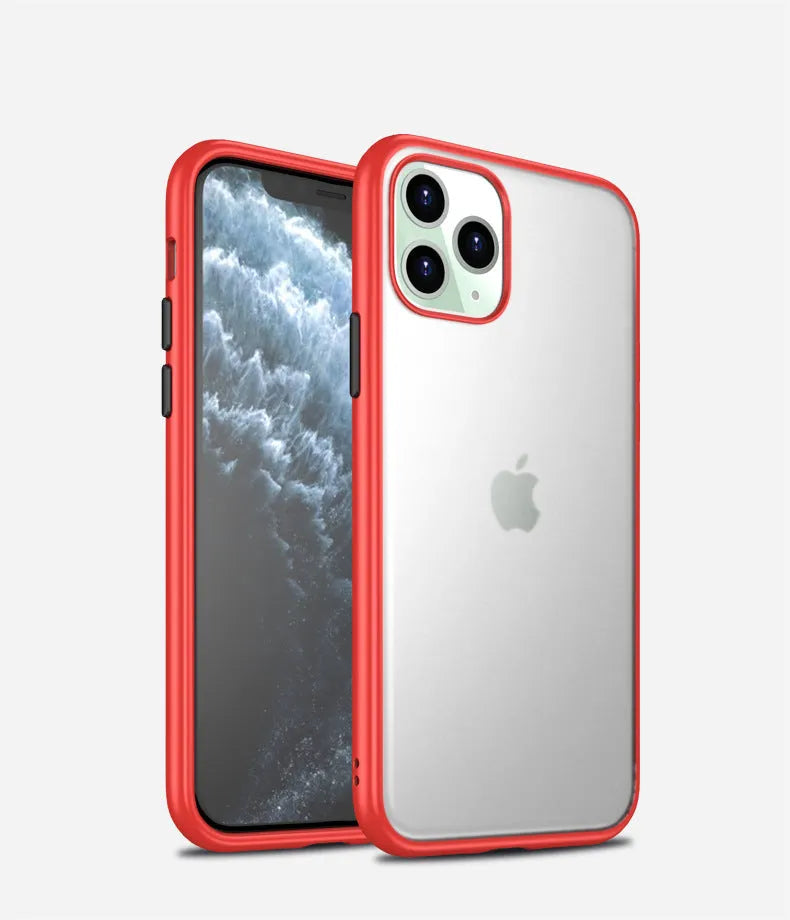 Frosted protective case for iPhone 11 in black, showing hidden corner airbags and scratch-resistant PC back.