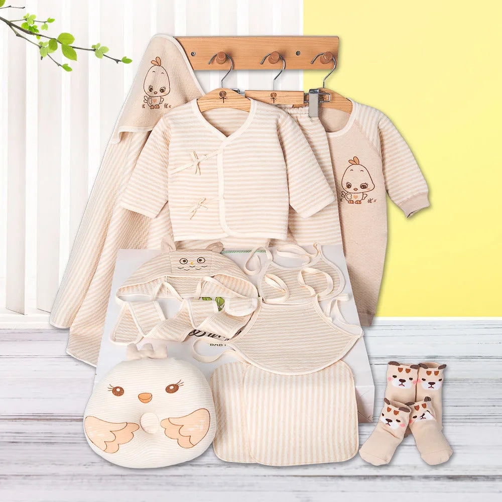 Beige 100% cotton baby cardigan suit with long sleeves and cartoon animal print for newborns.