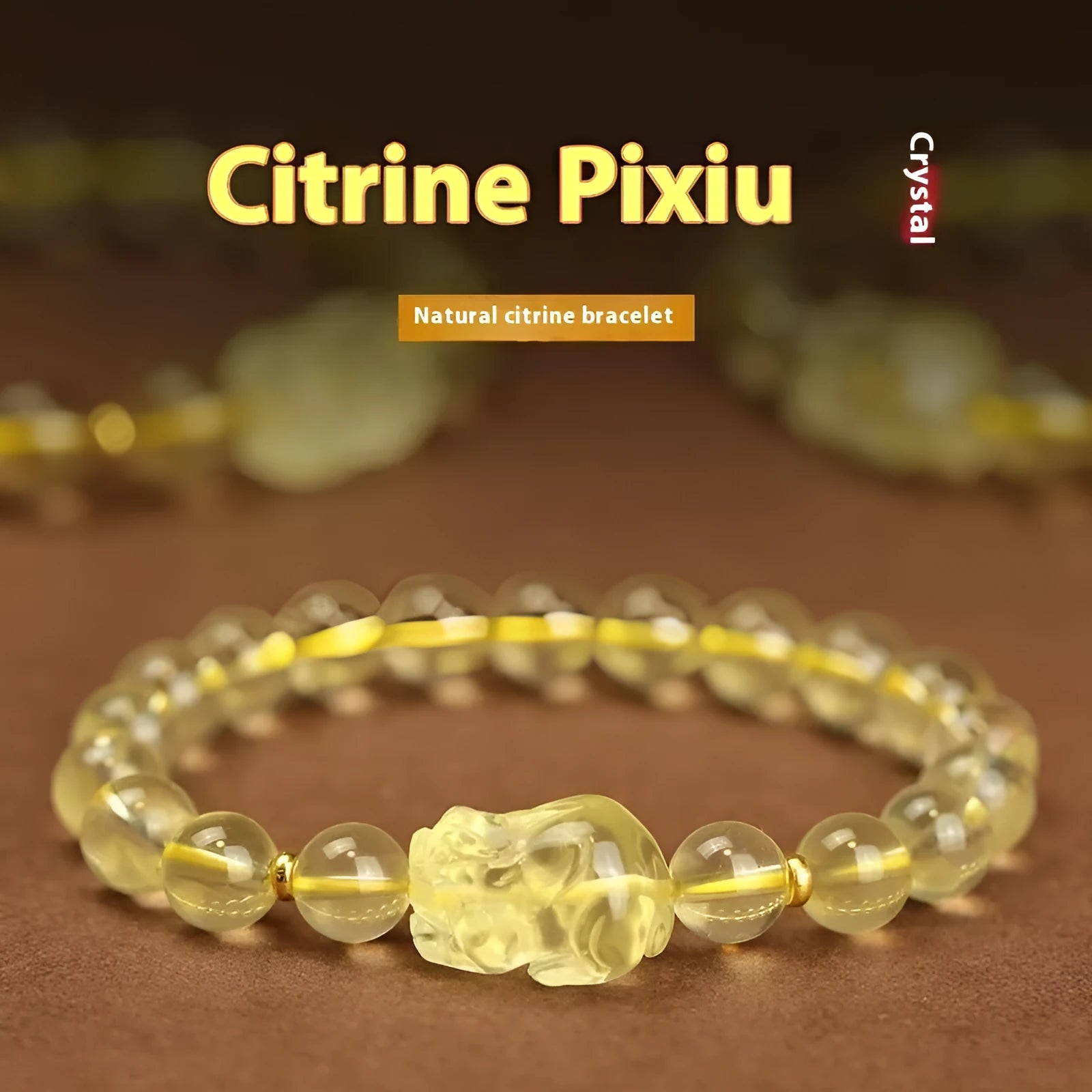 Yellow leather Citrine Pi Xiu bracelet with artificial crystal beads in national style design