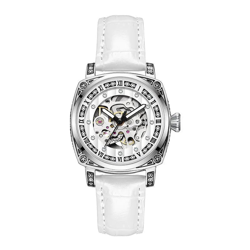 Mechanical wristwatch with luminous hands and a leather strap, shown in a choice of colours.