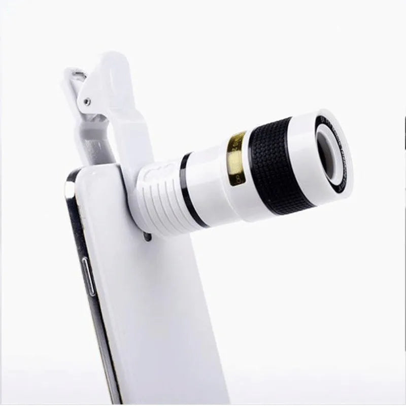 Black and white 12X phone telescope with mounting clip on a mobile phone for telephoto photography