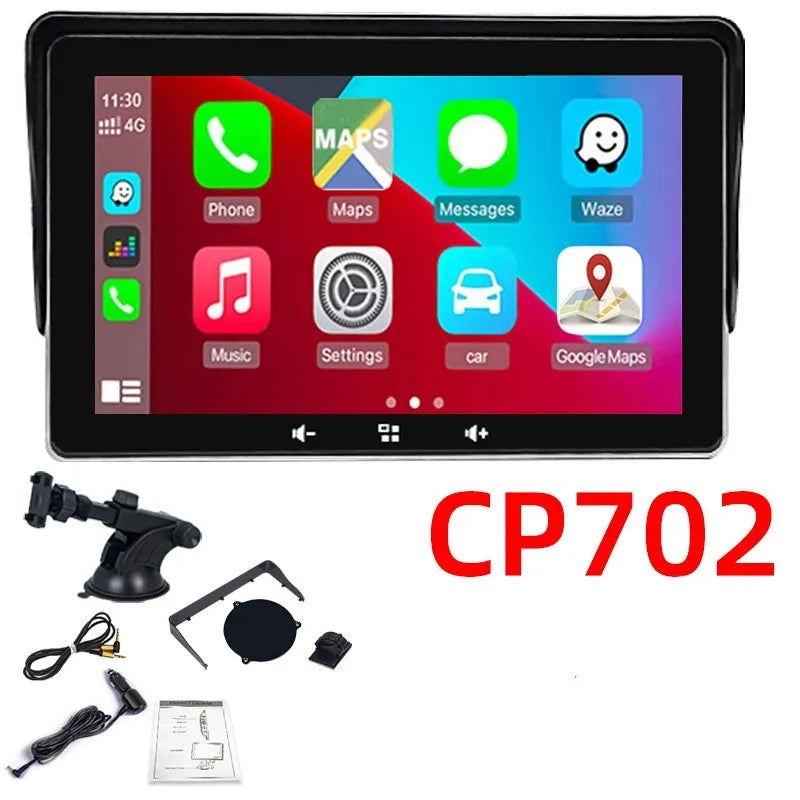 7-inch car wireless CarPlay display with suction cup mount and astern video cable on a dashboard