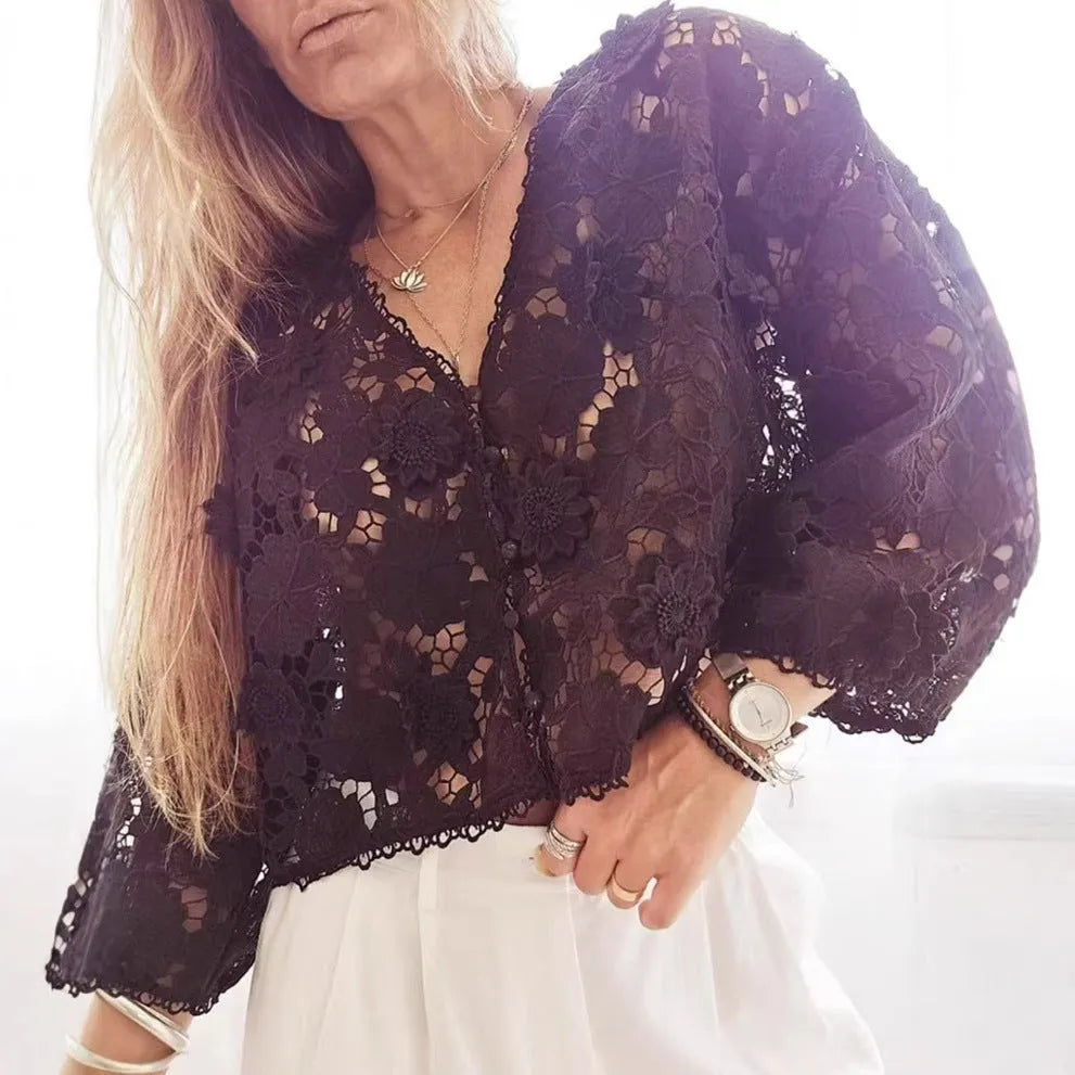 Women's black lace flower embroidered V-neck cardigan with loose fit and long sleeves