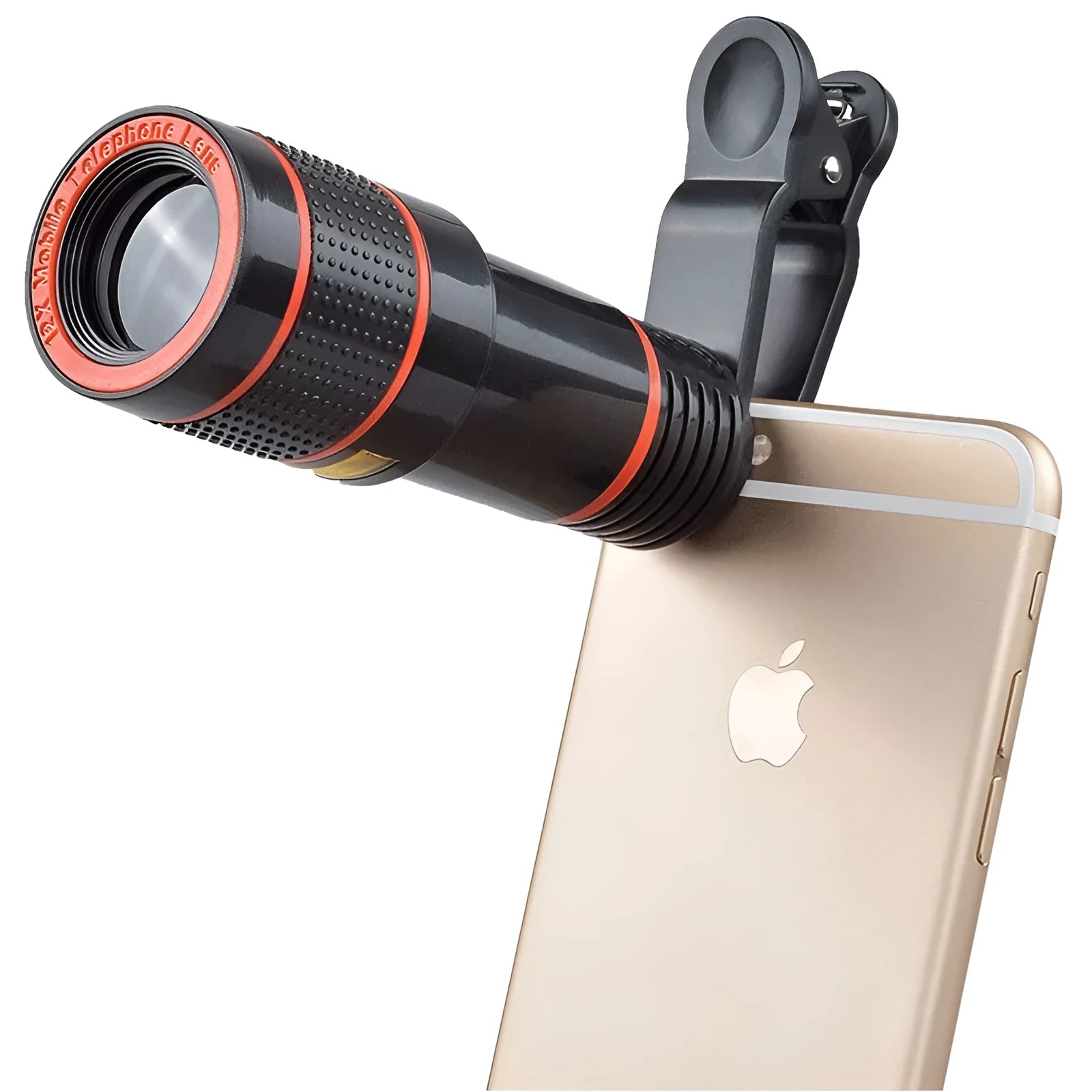 Black and white 12X phone telescope with mounting clip on a mobile phone for telephoto photography