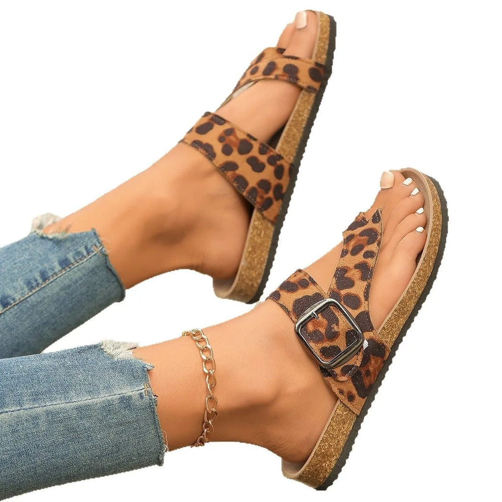 Leopard print Roman style slippers with wooden sole and imitation leather lining in sizes 36 to 43