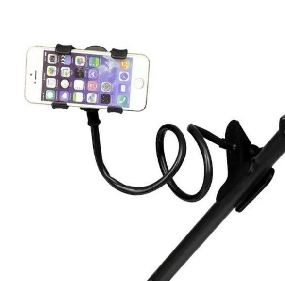 Black flexible long arm phone holder with V-clip extended on a wooden surface