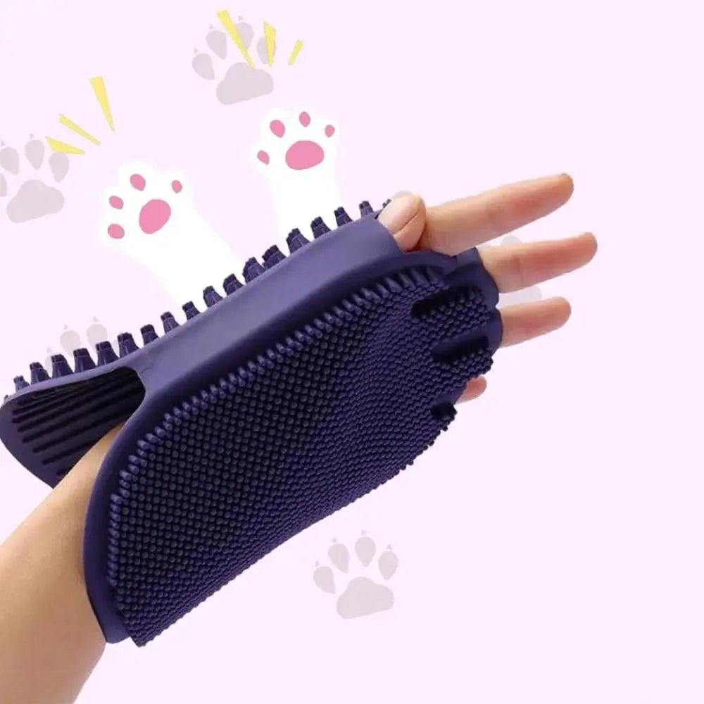 Purple dual-sided pet massage shampoo brush with soft TPR bristles and ergonomic handle