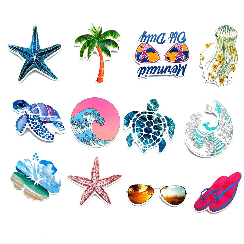 50 PVC beach series graffiti stickers with cartoon doodle designs on smooth surfaces