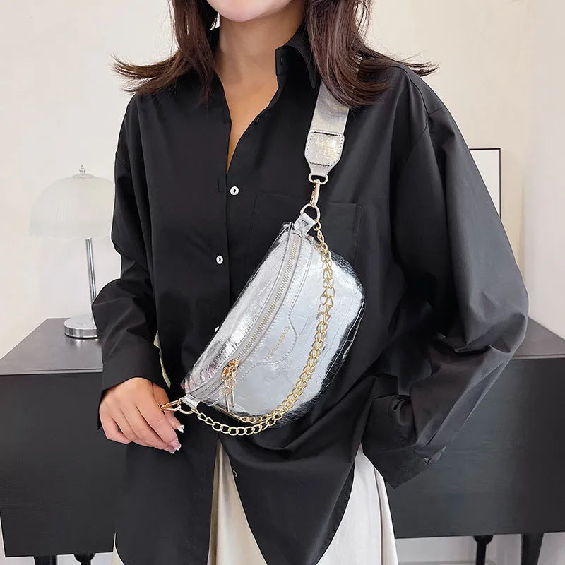 PU chain messenger bag with shoulder strap, sandwich outer pocket, silver colour on white background