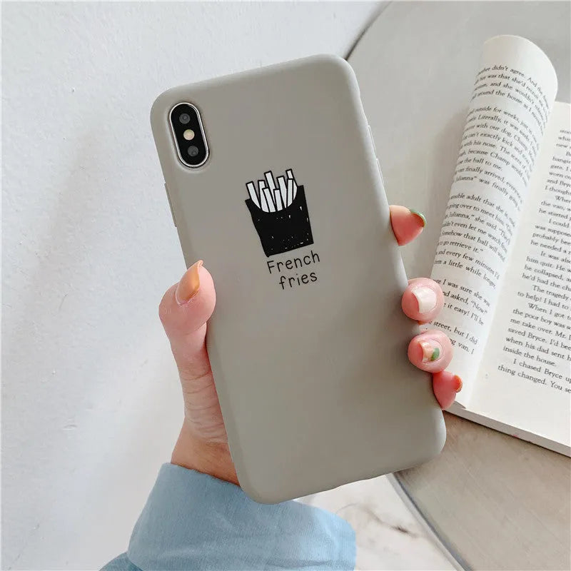 Soft matte silicone phone case with ice coffee and french fries couple designs