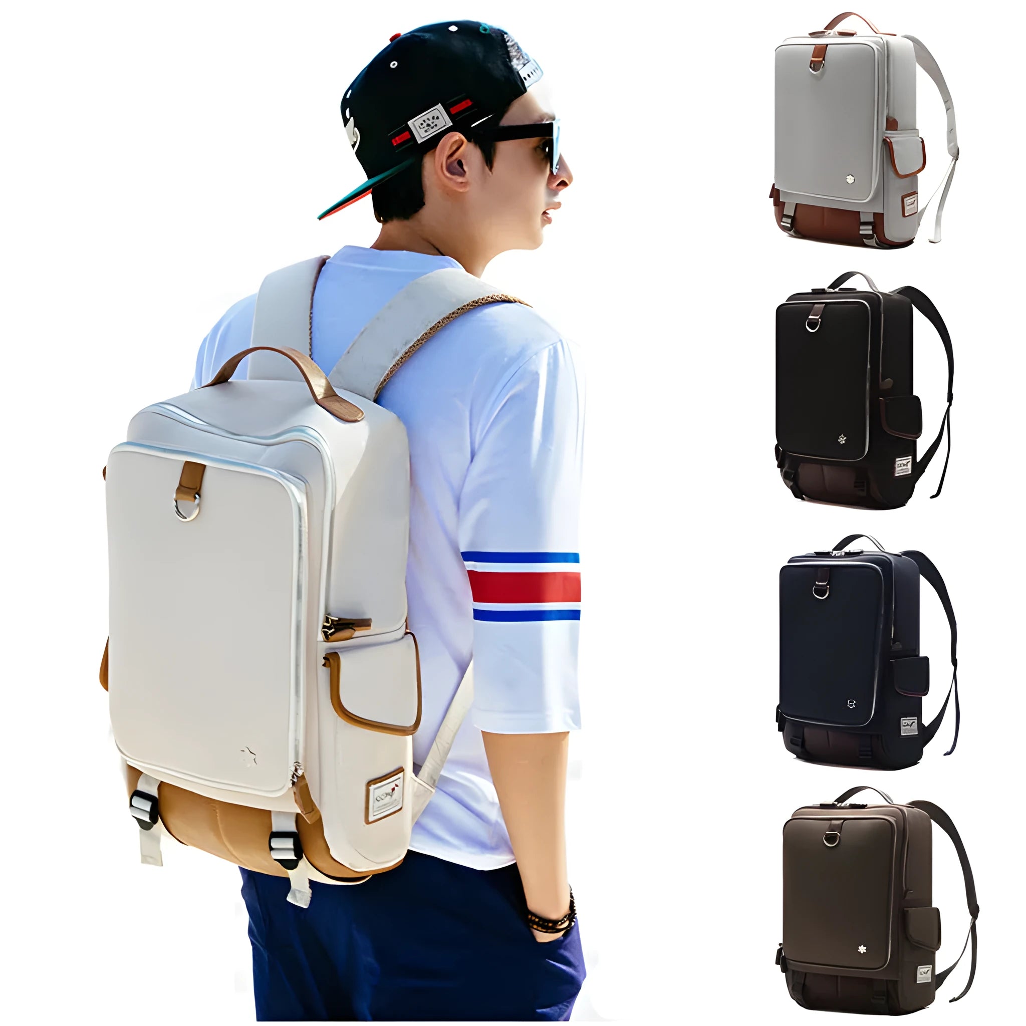 Men's Korean style Oxford cloth backpack in army green colour showing dimensions and design