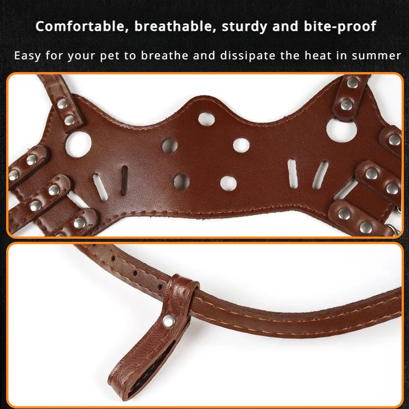 Black dog muzzle silencer for large breed on a sizing chart showing measurements.