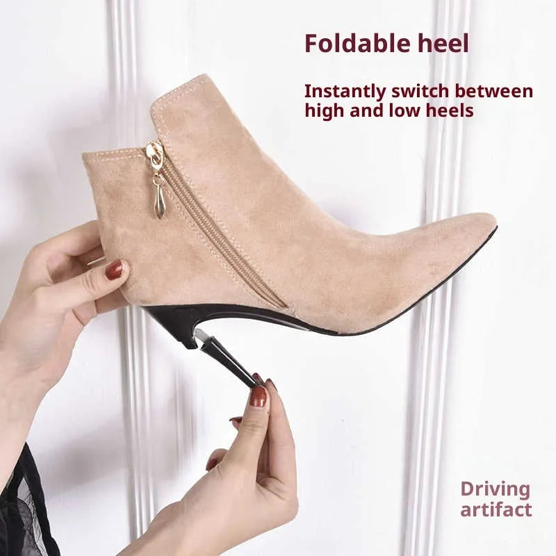 Foldable high-heel Martin boots in black or nude cow suede with side zipper, artificial short plush lining, and metal detail, sizes 34-39