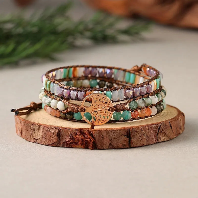 Hand-woven Tree of Life unisex bracelet in brown and white made from mixed natural stone