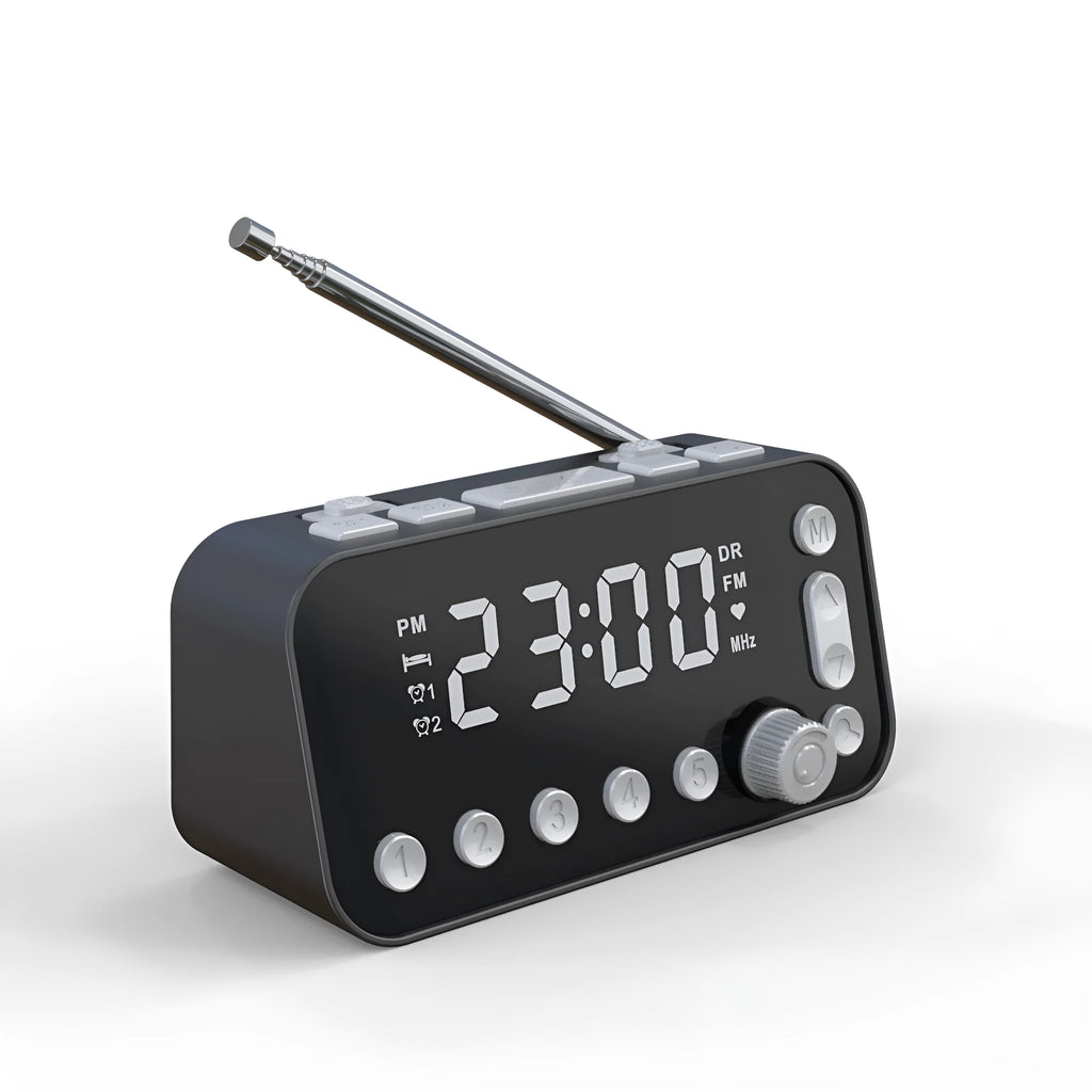 Black DAB bedside alarm clock with large LED display, upgraded pig tail antenna, and two USB ports on the side.