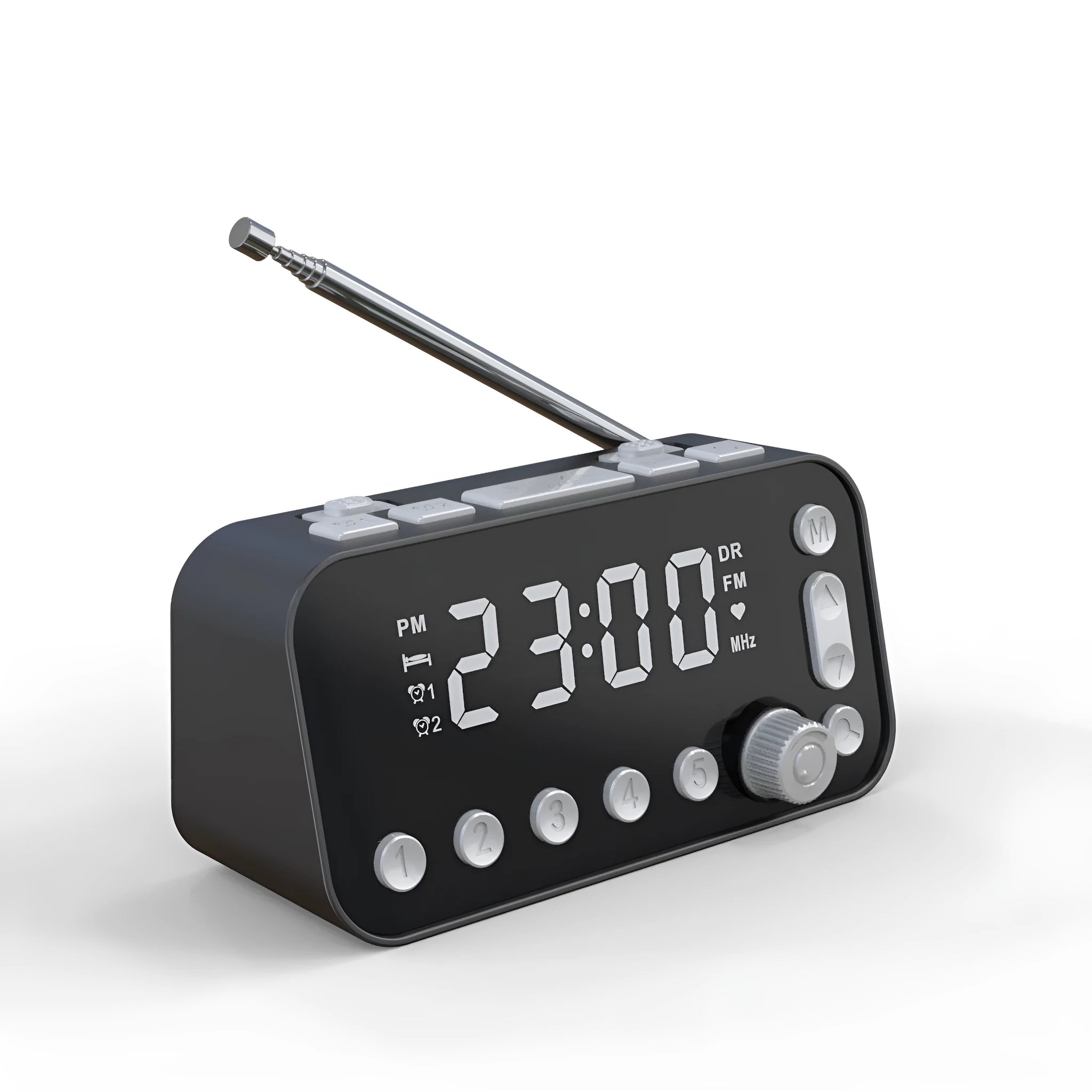 Black DAB bedside alarm clock with large LED display, upgraded pig tail antenna, and two USB ports on the side.