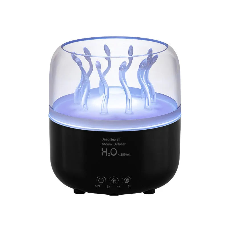 Wood grain rotating spray jellyfish ambience light humidifier with aromatherapy, black colour, on desk