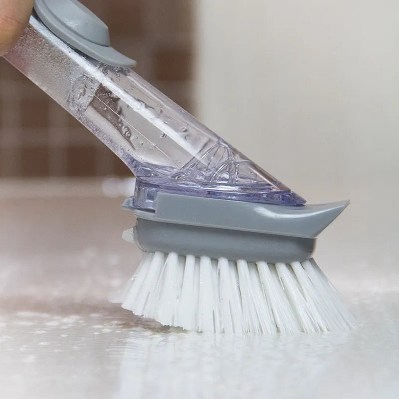2 in 1 long handle cleaning brush with removable brush head, PP and nylon bristles, sponge attachment and button for washing-up liquid.