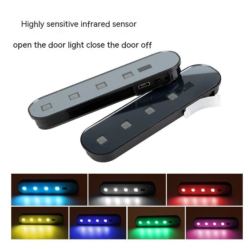 Car door induction lamp with magnetic base showing colourful T-style light projection on ground