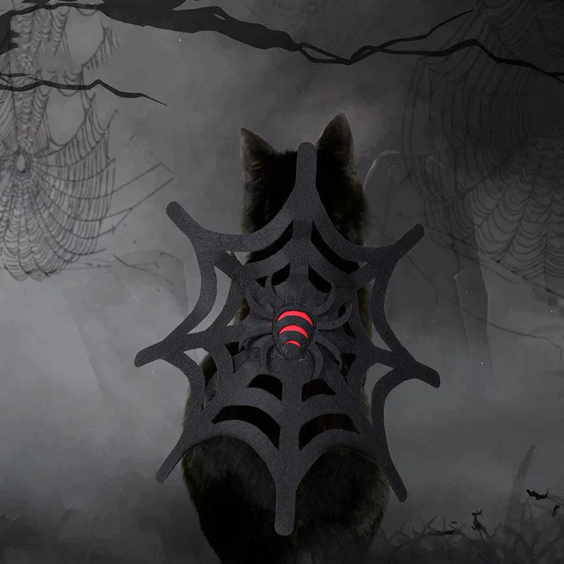 Black felt cloth Halloween spider web costume for cats and dogs, with size chart showing neck and bust measurements