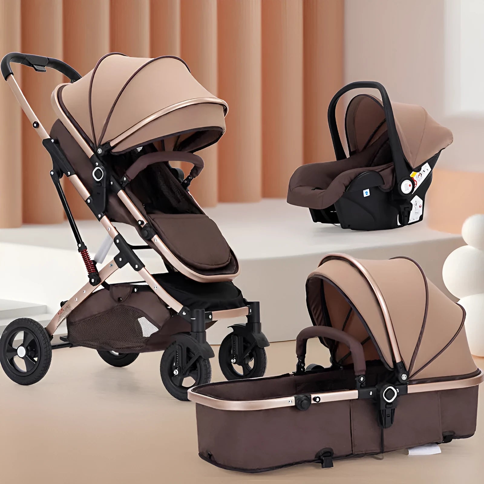 Lightweight basket baby stroller with iron frame in lotus green, seated position, lie-flat recline function
