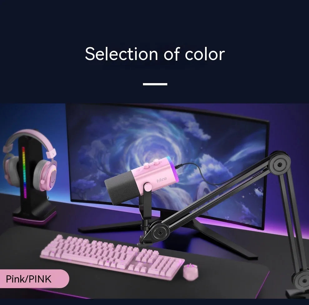 Dynamic noise reduction microphone in black, pink, or white with XLR cable and desk base.