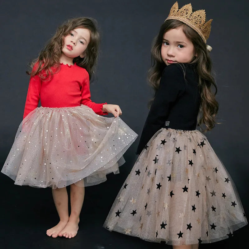 Red cotton long sleeve princess dress for a young girl with lace and bow details for Christmas.