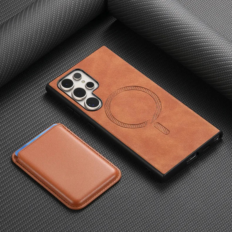 Silicone Samsung phone case with card case in purple, black, blue, orange, pink, brown or mint green.
