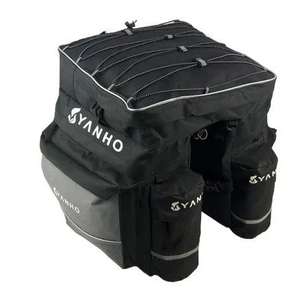 Black mountain bike pannier bag 43L 600D nylon with rain cover and reflective strips attached to bicycle shelf