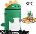 Green felt cube storage bag with pull rope handles that converts to toy play mat