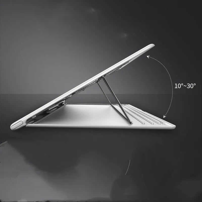 Black alloy portable notebook stand for laptops under 16 inches on a desk.