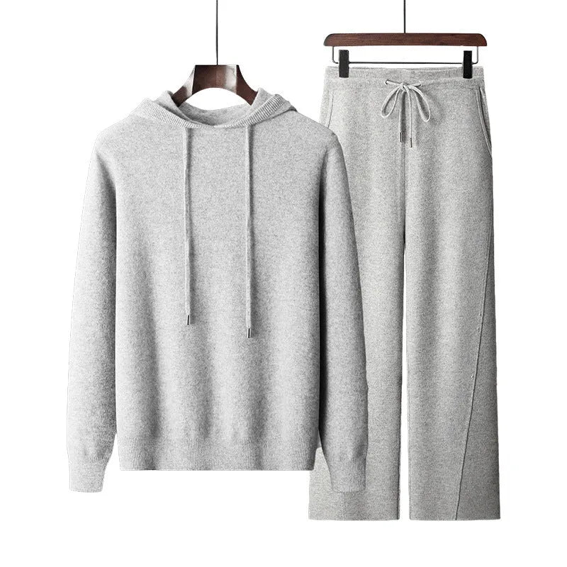 Men's pure wool two-piece set with seamless hoodie and drawstring knitted pants in black, dark grey or light grey