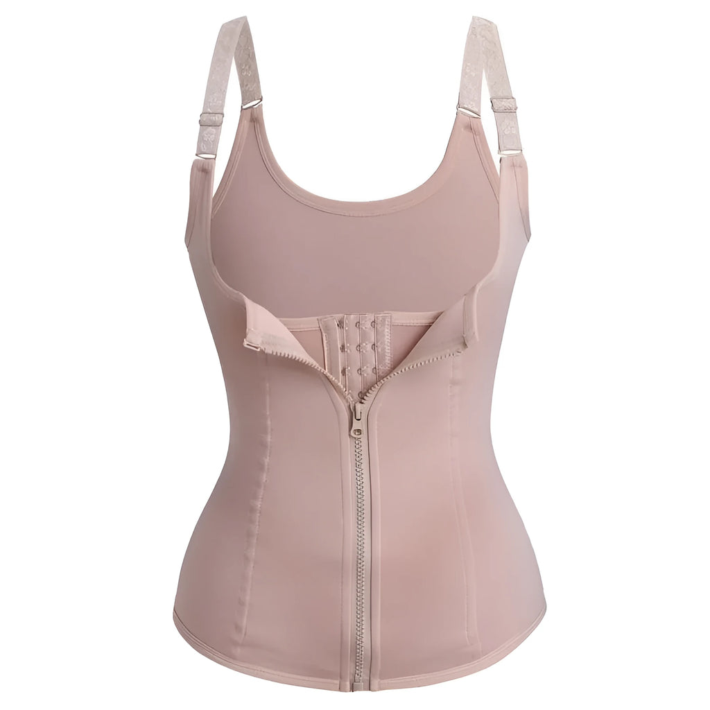 Adjustable zipper waist shaper in black on a white background