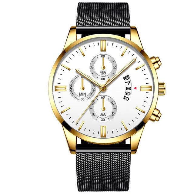 Men's stainless steel quartz watch with mesh band in a two-tone colour option on a wrist.