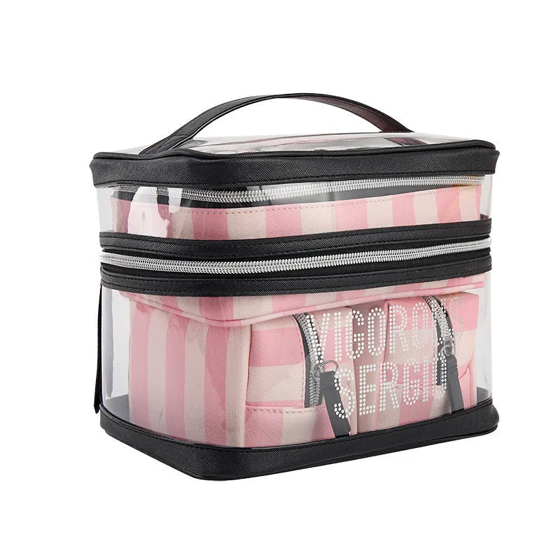 Pink bold stripes floral pattern waterproof synthetic leather foldable makeup bag with nylon lining