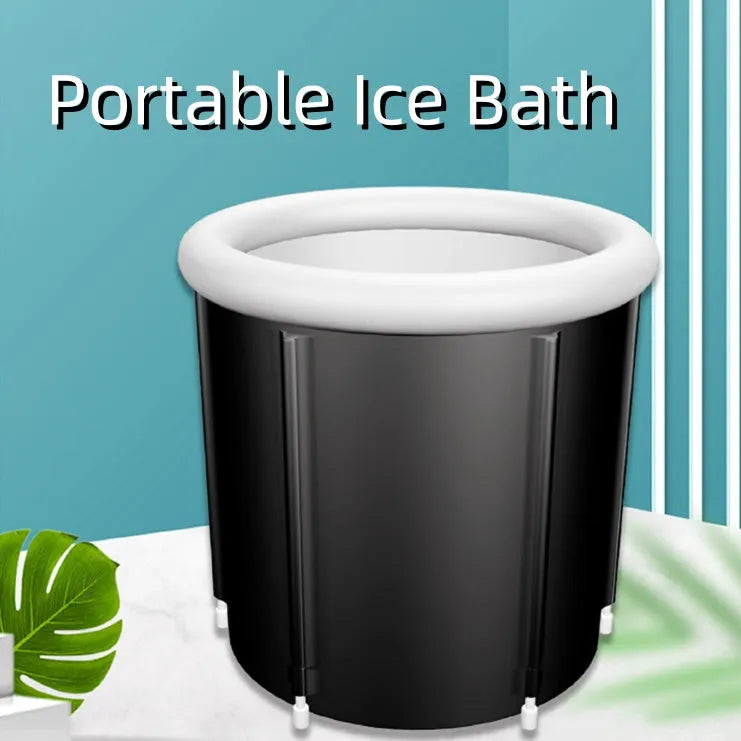 Black portable PVC ice bath measuring 70x80cm with all-weather lid and accessories for cold water therapy