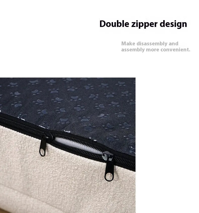 Beige rectangular cloth dog bed shown in medium size on a floor.