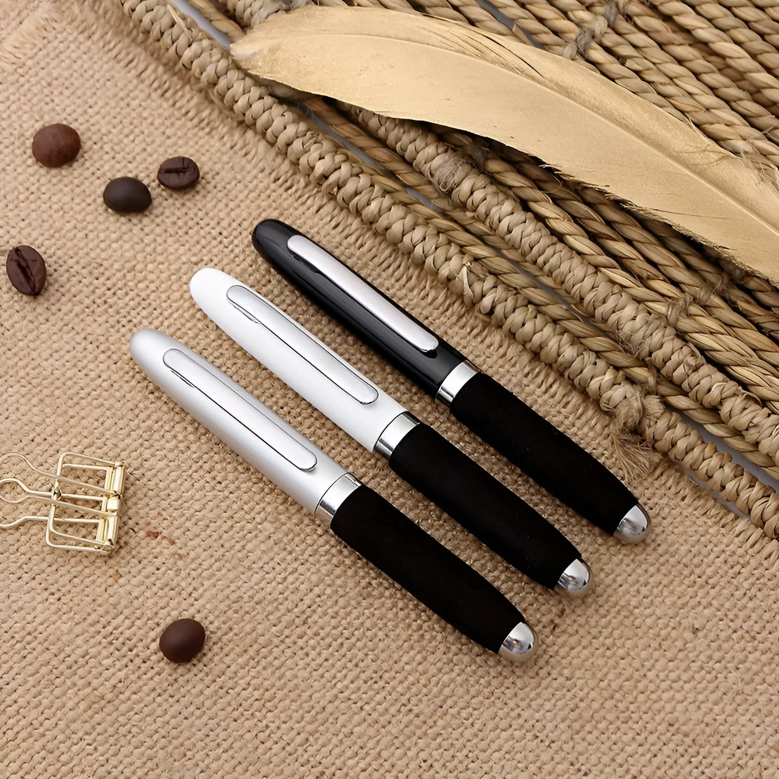 EVA metal cap mini ballpoint pen showing compact 112mm size with bullet tip and seven refill colour options