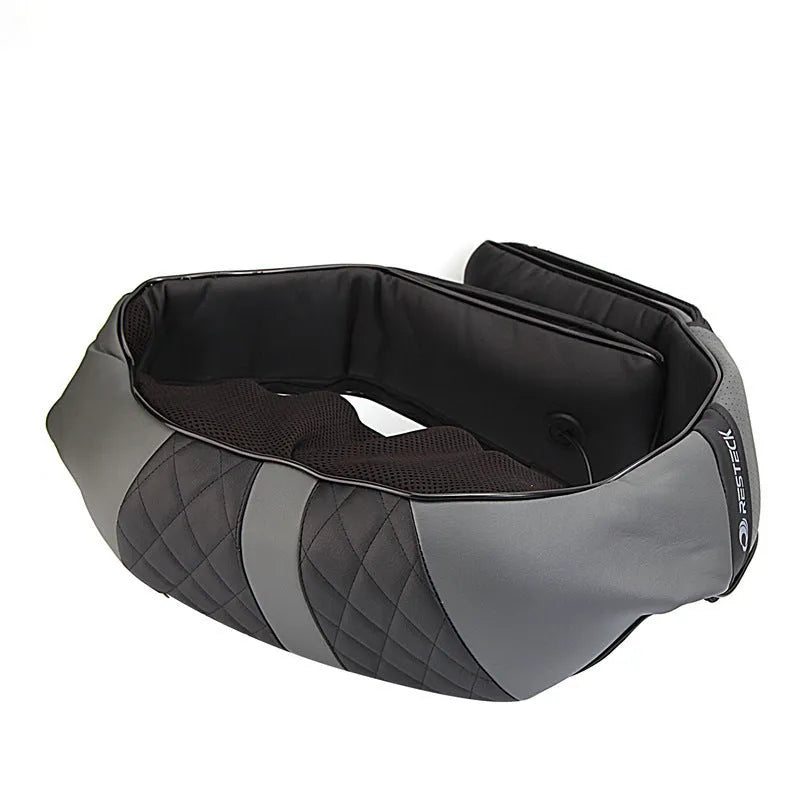Grey electric massage shawl draped over shoulders for neck and back pain relief, with power cord attached