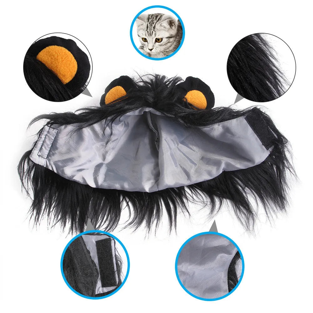 Black cat headgear wig hat costume accessory showing puppy lion design on cat