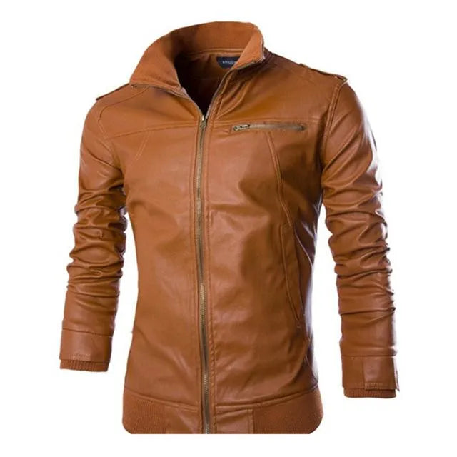 Motorcycle leather jacket for men in black faux leather with front zip closure